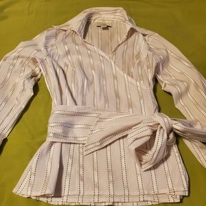 LOFT Petite White Wrap Around Blouse with Cream & Black Pinstripes. Size O